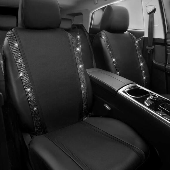 CAR PASS Black Diamond Leather Bling/Rhinestone  Car Seat Cover Full Set | NEW - Picture 8 of 11